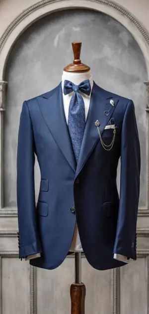 Blue formal suit with bow tie and decorative lapel chain on a mannequin blue stylish suits for men.