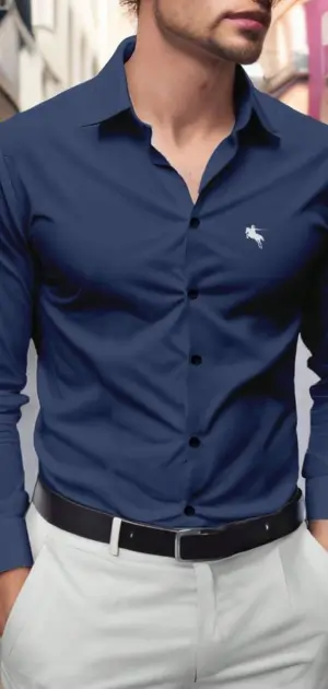 Navy blue dress casual shirts for men with white trousers and a black belt.