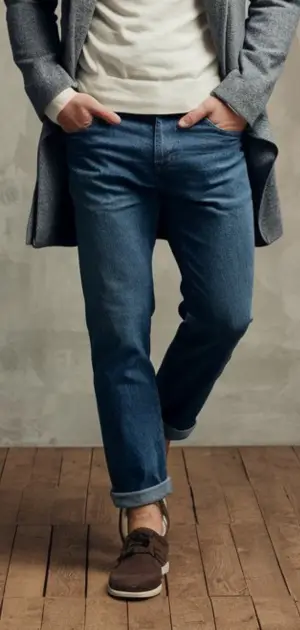 A man wearing casual blue jeans, loafers, and a long coat on wooden flooring.