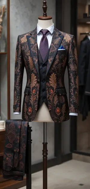 Luxurious black and gold embroidered suit with intricate detailing.