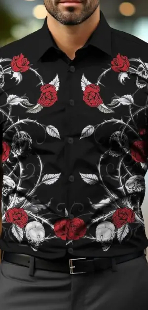 Elegant men's black formal dress shirts for men detailed with prominent red rose patterns.