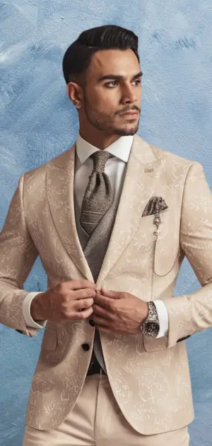 Pastel color formal attire men and the Man in a beige pastel formal suit with floral patterns and a matching tie.