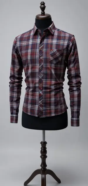 A tailored maroon and navy plaid formal dress shirt displayed on a mannequin.