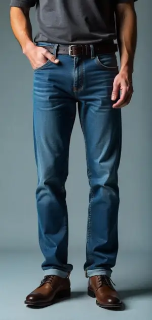 Slim-fit blue polyester pants for men paired with a dark shirt, belt, and brown shoes.