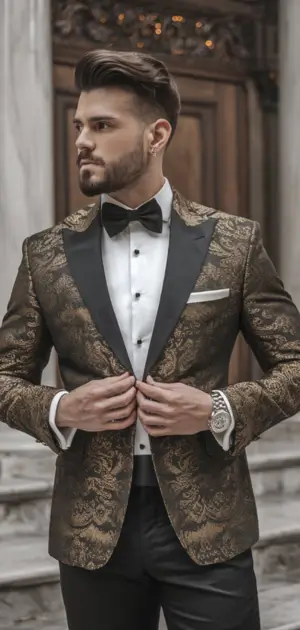 Formal suits for men and a Man in a patterned silk suit with a bow tie, exuding formal style and elegance.