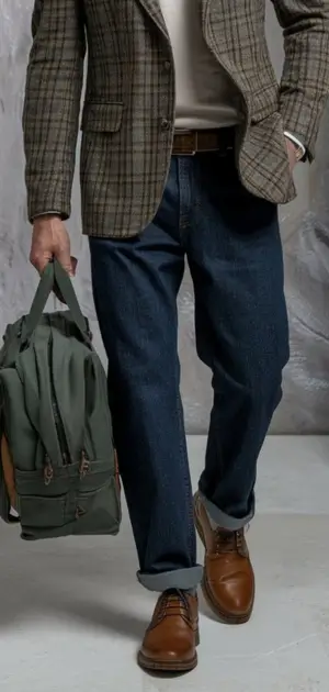 A man wearing dark-wash travel jeans, a plaid blazer, and brown leather shoes while carrying a green bag.