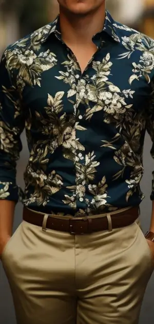 Dark floral vintage formal men's dress shirts paired with beige trousers for men.