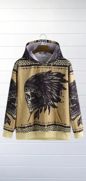 Men’s vintage hoodie showcasing a striking skull graphic and tribal accents.