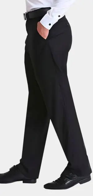 Wedding formal pants for men. Sleek black wedding pants for men are paired with a formal white shirt and belt.