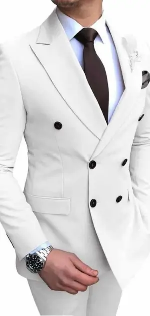 Suits for men formal White double-breasted suit with a brown tie and accessories, perfect for formal events.
