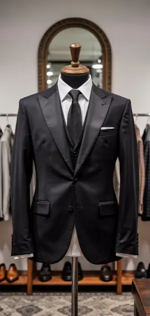 Black suit with satin lapels, complemented by a matching tie.