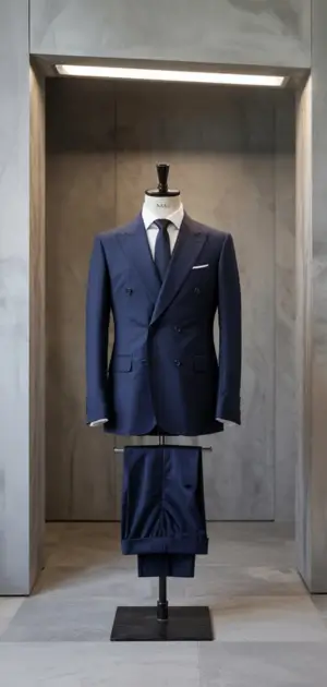 A well-tailored navy double-breasted suit displayed elegantly.