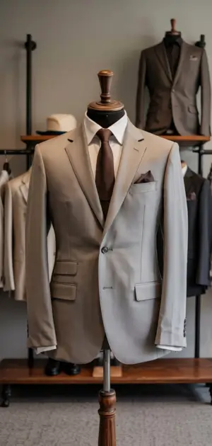 Mannequin wearing a beige formal suit with brown tie and pocket square.