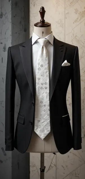 An elegant black tuxedo displayed on a mannequin, featuring a white tie and pocket square.