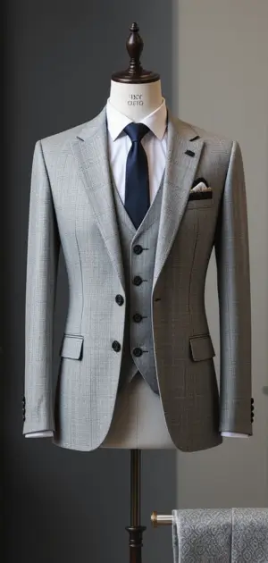 A sleek light gray checkered suit on a mannequin, featuring a navy tie.
