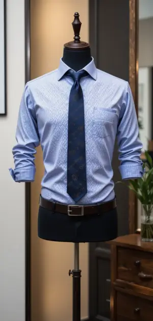 Mannequin in a light blue dress shirt, dark tie, and black pants on a wooden stand.