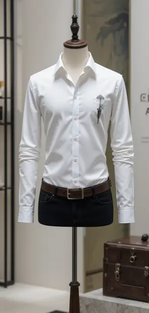 A white dress shirt with a small embroidered pen in the pocket.
