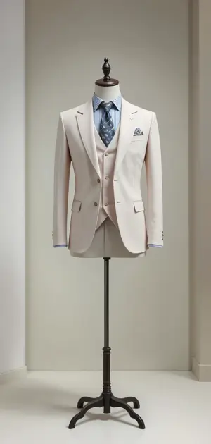 Mannequin in a beige three-piece suit with a blue tie and pocket square.