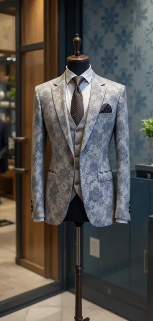 Light grey floral suit with intricate patterns, vest, and pocket square.