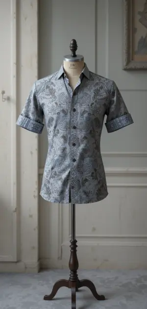 Stylish grey patterned short-sleeve shirt for formal wear.