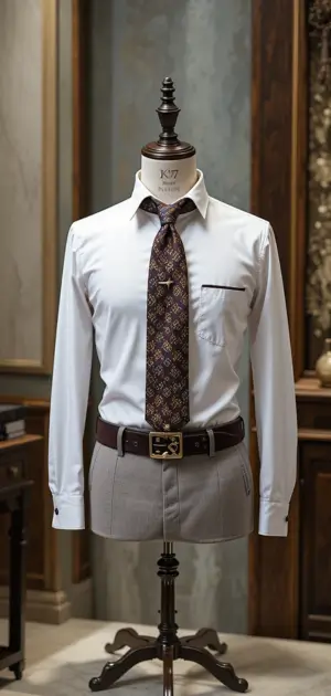 A white dress shirt with a tie and belt, showcased with gray trousers.