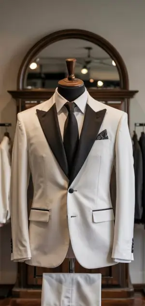 White tuxedo featuring black lapels, black tie, and pocket square.