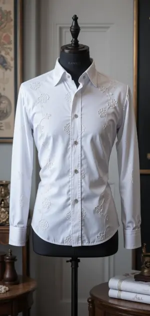 A white shirt with floral embroidery on the shoulders and chest, displayed on a mannequin.