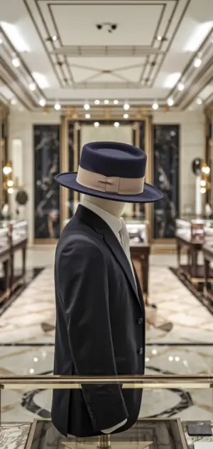 Mannequin in a suit wearing a navy formal hat