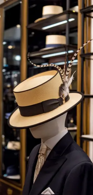 Mannequin wearing a formal hat with feather details