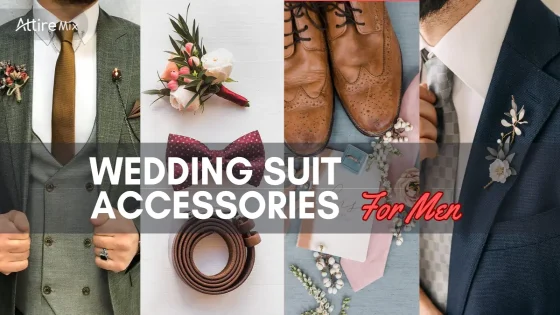 Accessories to wear with suit Men's wedding suit accessories featuring ties, shoes, boutonnieres, and belts.