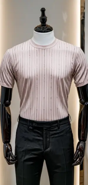 Light beige wedding T-shirt with fine vertical striped detailing.