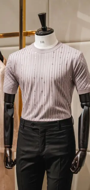 Pale beige wedding T-shirt with intricate pinstripe and dotted details