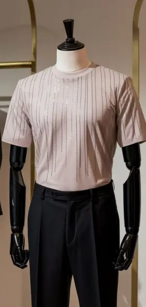 Beige wedding T-shirt with vertical pinstripes and sleek short sleeves