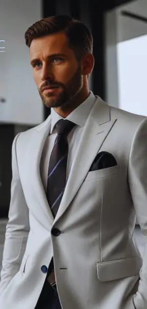 Groom adjusting a slim-fit tie for a wedding outfit.