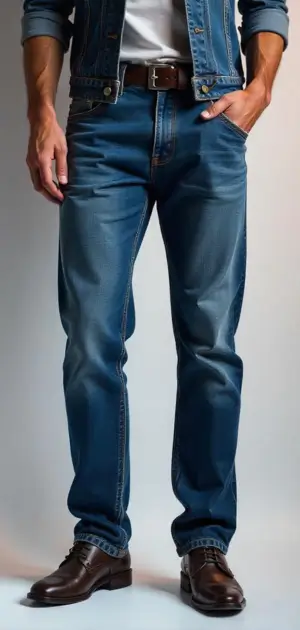Polyester pants for men formal Man in blue polyester jeans styled with a denim jacket and brown shoes.