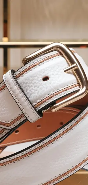 White belt with brown stitching and a rectangular gold buckle on a reflective surface.