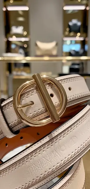 White belt with a circular gold buckle showcased on a glass display.