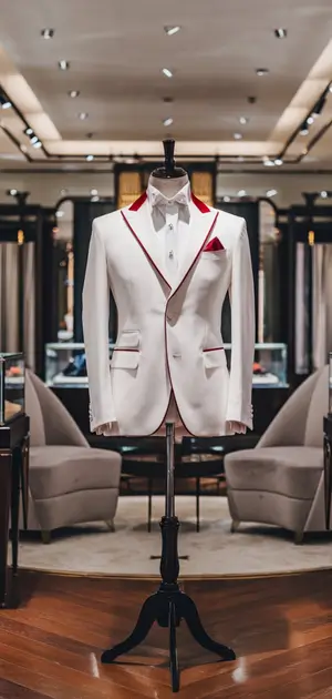 Sleek white blazer with red lapel highlights