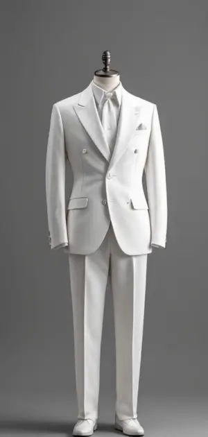 A double-breasted white suit with a matching tie and pocket square on a mannequin
