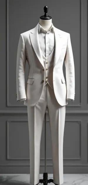 A tailored white three-piece suit with a classic fit on a mannequin
