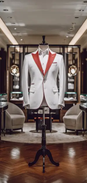 White blazer with bold red accents on display