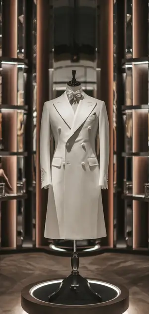 White formal coat with peak lapels on a mannequin.