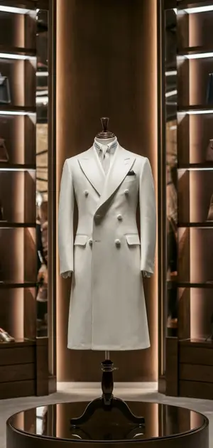 White coat displayed with luxury store backdrop.