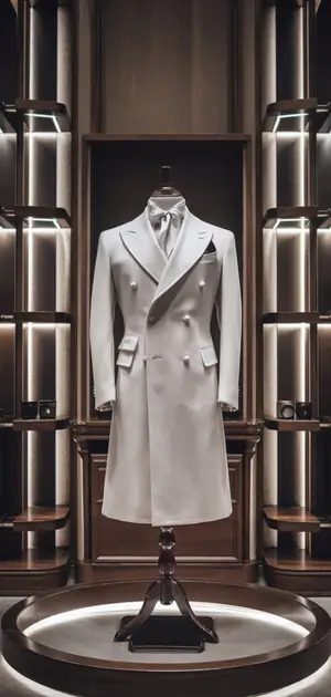White double-breasted coat with formal styling.