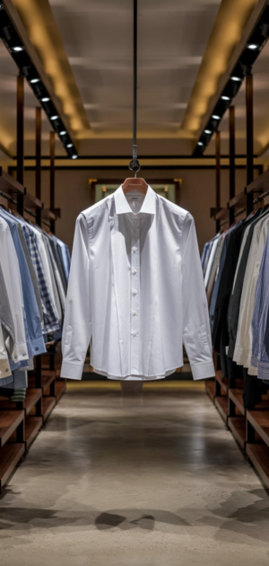 White formal dress shirt with cufflinks in a premium store.
