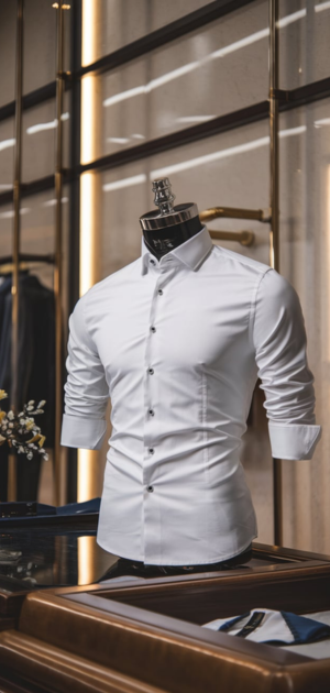 White formal dress shirts displayed on mannequins in a stylish store.