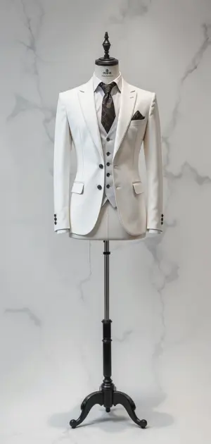 White formal suit with matching vest, tie, and pocket square.