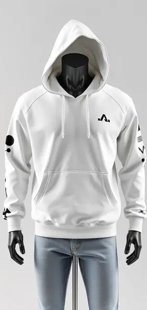 White hoodie with small black symbols on the chest and sleeves
