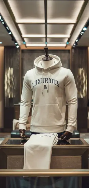 White hoodie with "Luxurious" branding on a mannequin