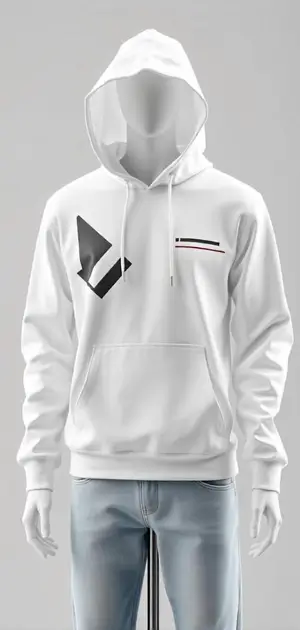 White hoodie with a large black abstract logo and small stripe detail on the chest.